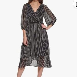 DKNY Metallic Stripe Print Surplice VNeck 3/4 Balloon Sleeve Tie Waist Faux Wrap